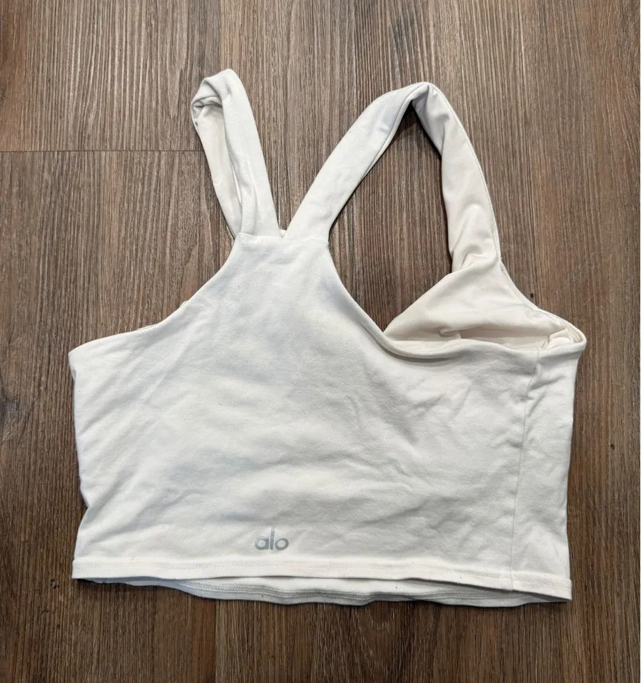Alo Yoga Womens Asymmetrical Double Strap V-Neck Cropped Tank Top Bone White M