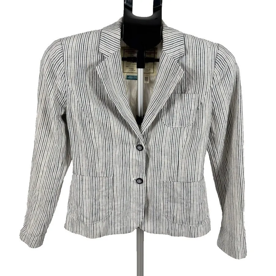 Anthropologie Cartonnier Linen Seersucker Blazer 00 Blue Stripe Cropped Jacket
