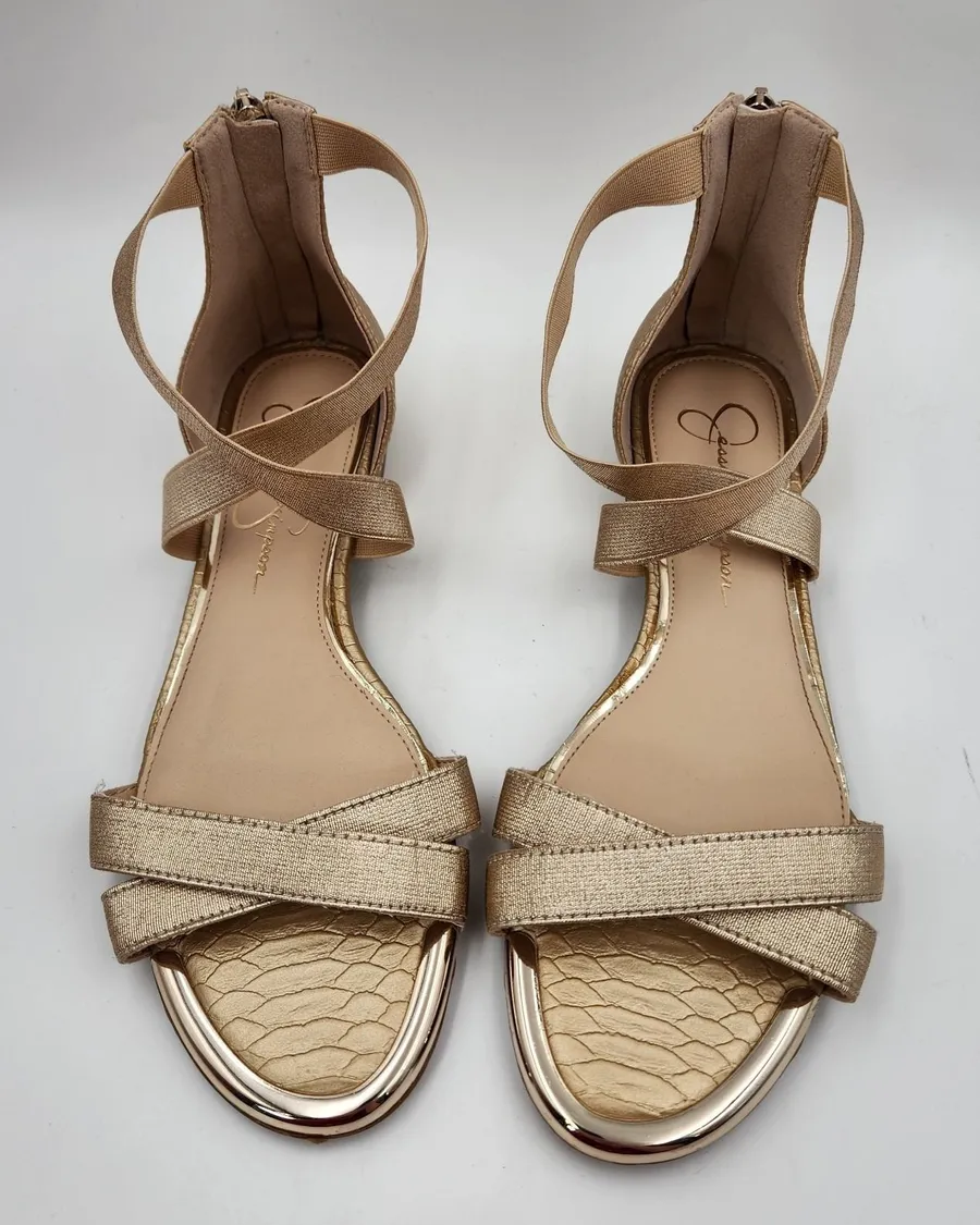 Jessica Simpson Aimlee Strappy Women's US 8.5 M Gold Back Zip Dress Sandals