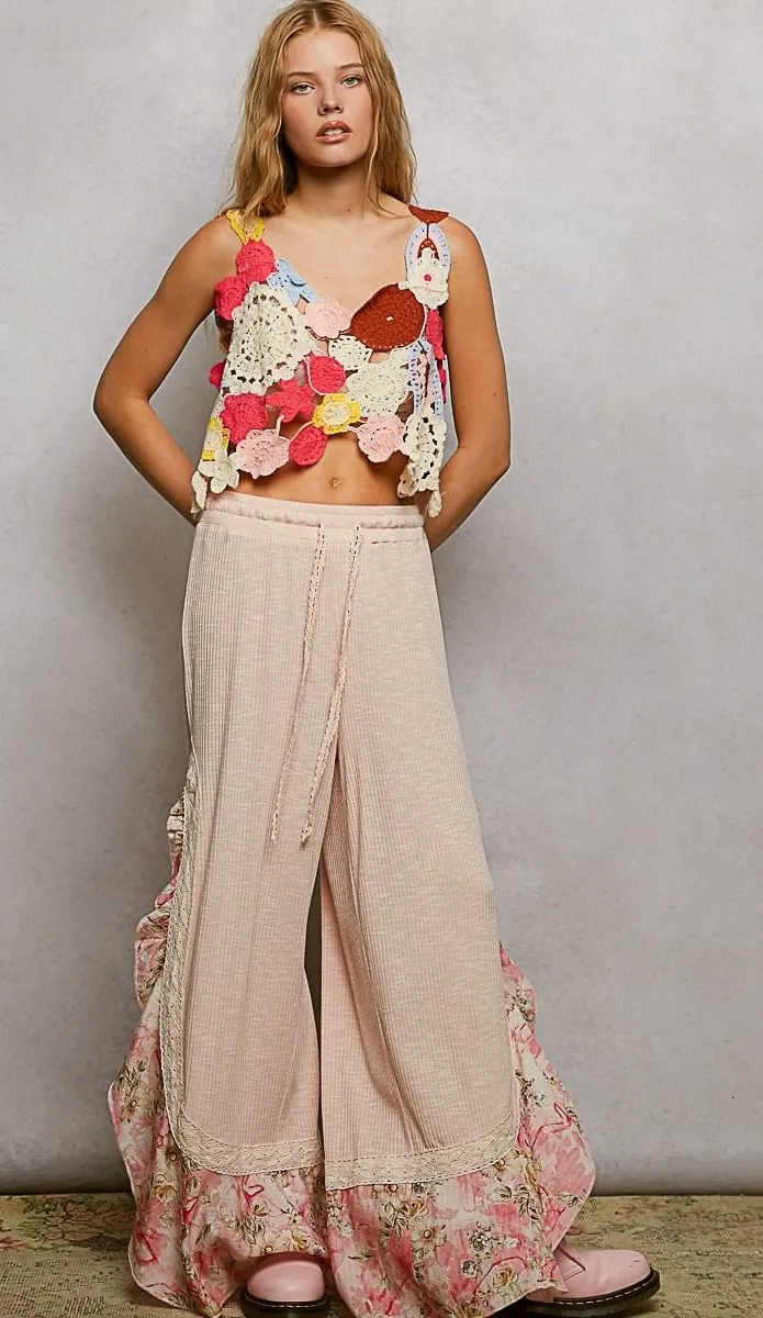 POL Floral Ruffle Waffle Knit Palazzo Pants Blush Pink Boho Lounge Size Large