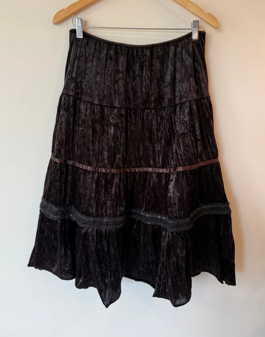 Vintage Apollo Tiered Skirt Medium Brown Crushed Velvet Boho Gothic Y2K Festival