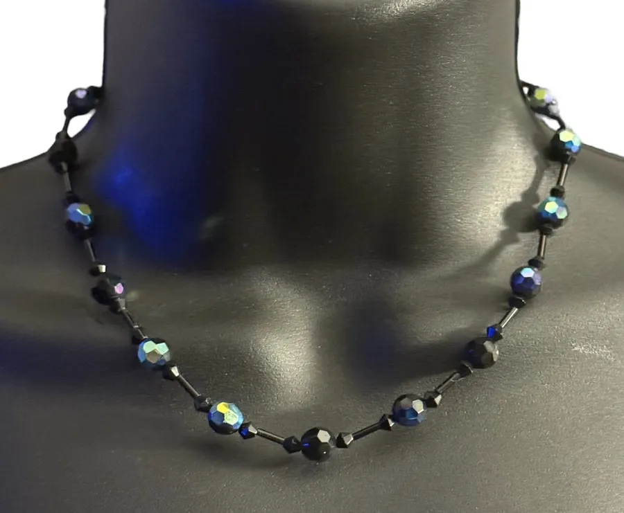 Black iridescent glass bead necklace and earrings set