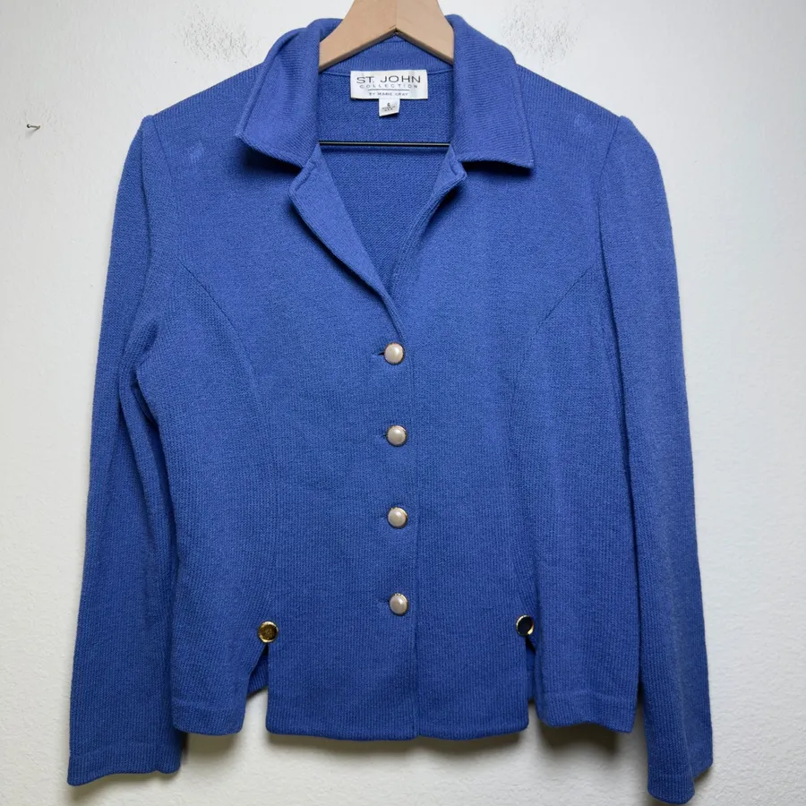 St. John Women Wool Knit Blazer 6 Blue Pearl Button Santana Knit Jacket Gold