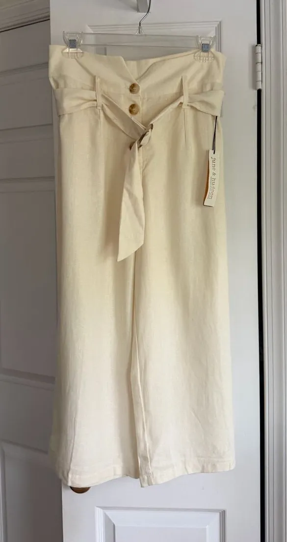 NWT June & Hudson Cream Linen Paperbag Wide Leg Pants M White Size M