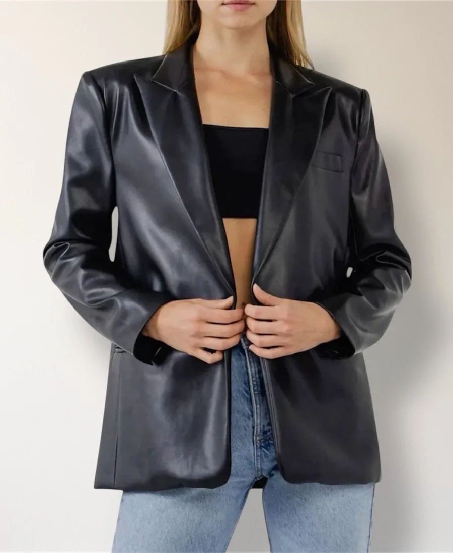 Anthropologie Endless Rose L Black Faux Leather Blazer Jacket Pockets Y2K Retro