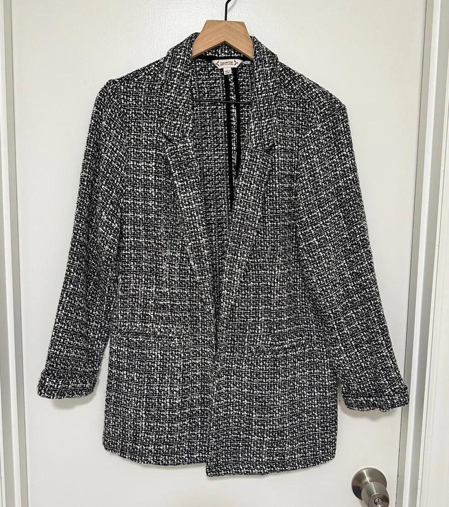 Nanette Lepore | Woman's Black White Open Front Longline Tweed Blazer Jacket, L
