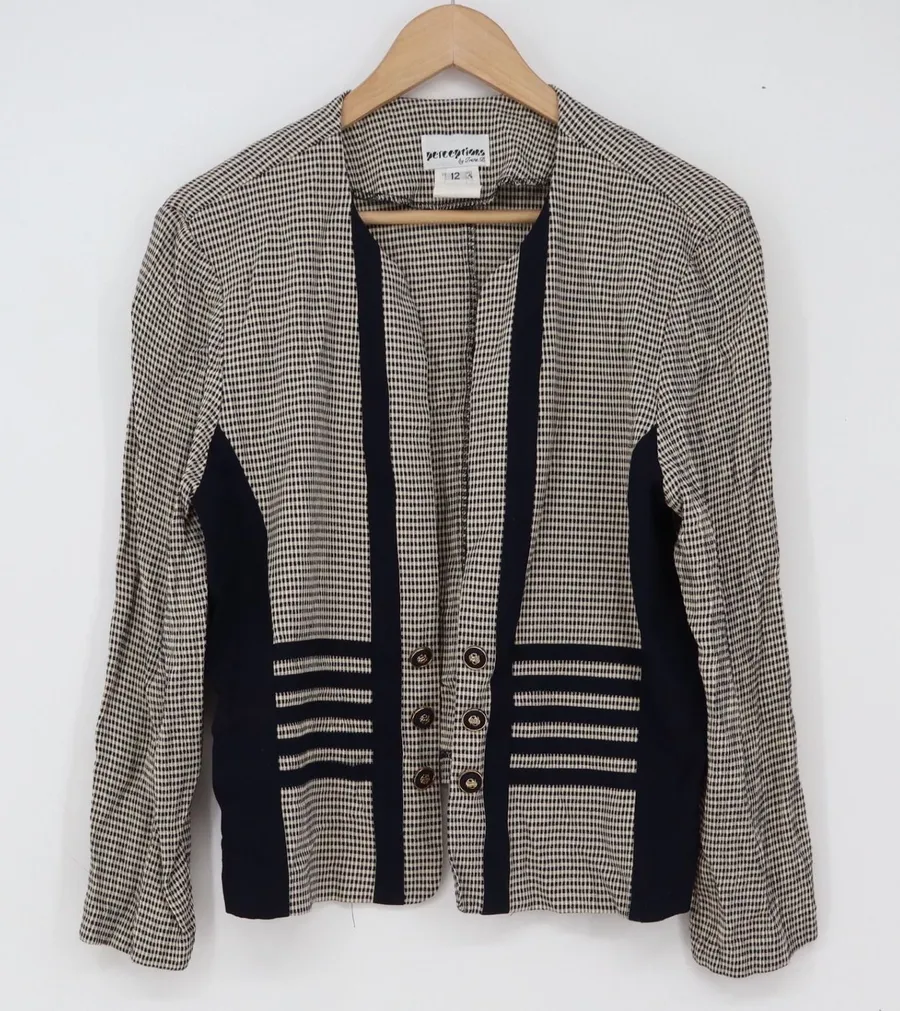 Perceptions Jacket Womens 12 Open Front Navy Blue Cream Micro Check Excellent