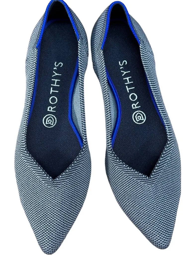 Rothy's Pointed Knit Flats in Navy and White Herringbone