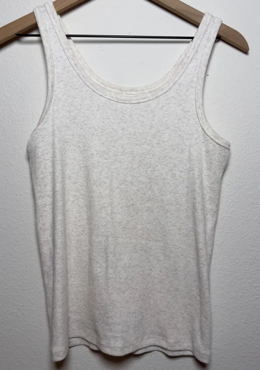 Quince Women Organic Cotton Tank Medium Heather Oatmeal Micro-Rib Scoop Neck