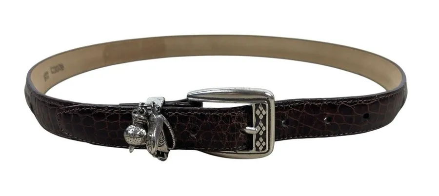 Y2K Brighton Brown Crocodile Embossed Leather Charm Belt M/L 32 Silver Buckle