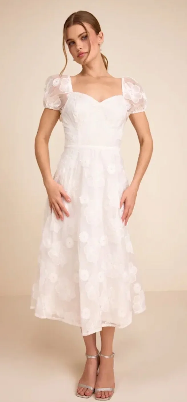 NWT Sweetest Behavior White Embroidered Puff Sleeve Midi Dress