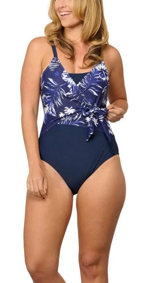 Tropical Floral One Piece Swimsuit Faux Wrap Tie Front Adjustable Strap Size 8 Blue