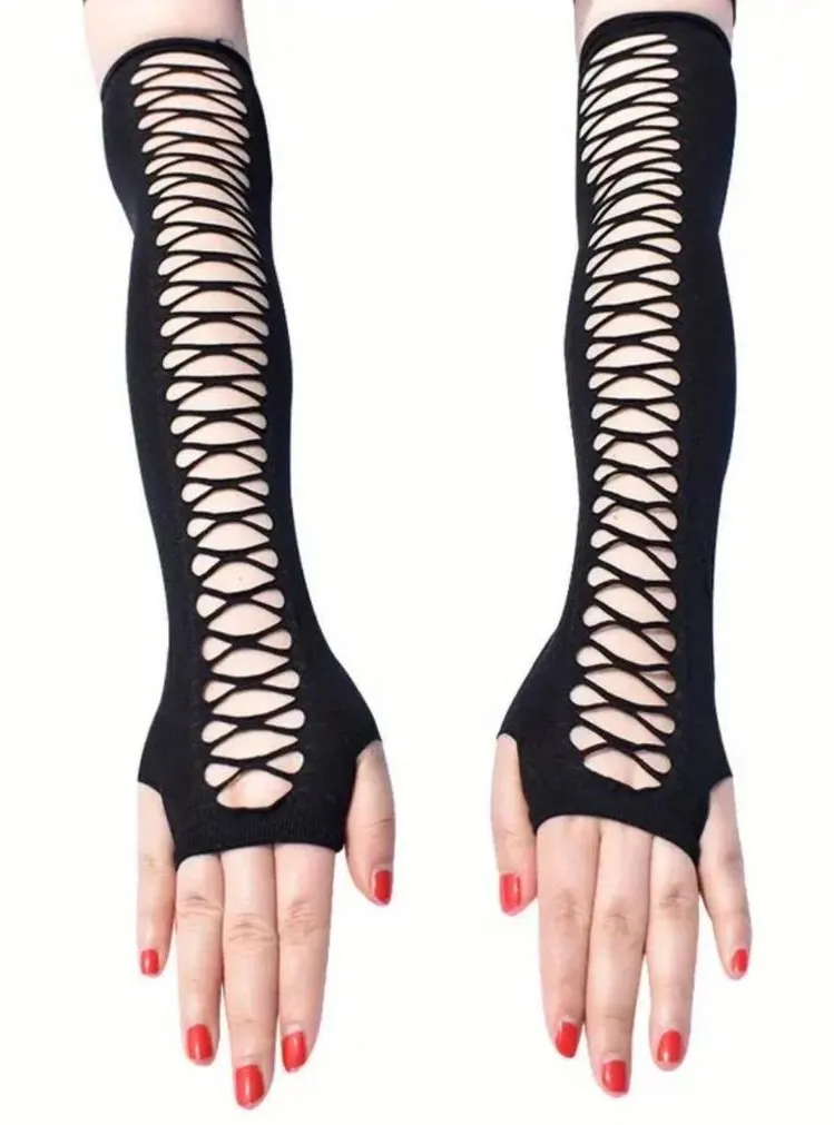 Vintage Hollow Out Black Elastic Arm Cover Fingerless Elbow Sleeves One Size