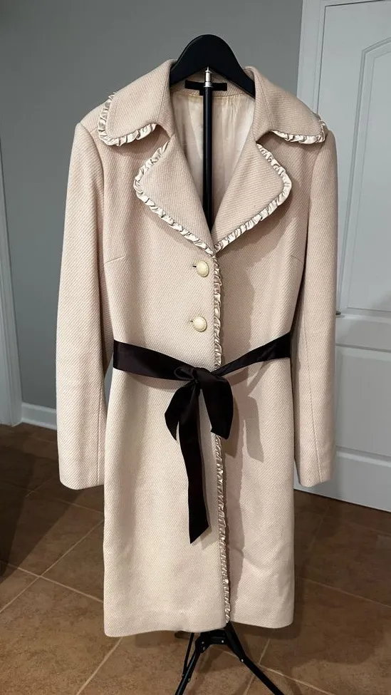 Express Cream Trench Coat with Brown Satin Waist Tie