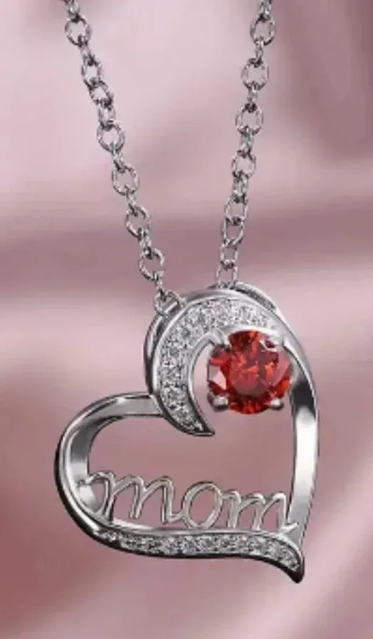 New Mom heart necklace silver tone red gemstone Mother’s Day necklace gift