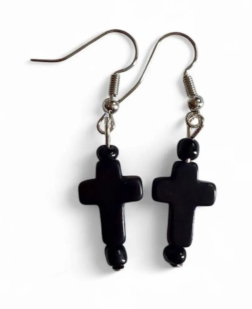 Handmade Black Cross Dangle Drop Earrings 🖤