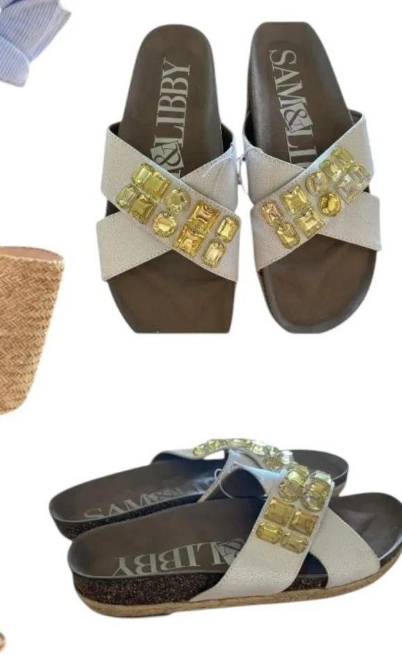 Sam & Libby white Sandals Yellow Rhinestone Coastal Birkenstock style slides