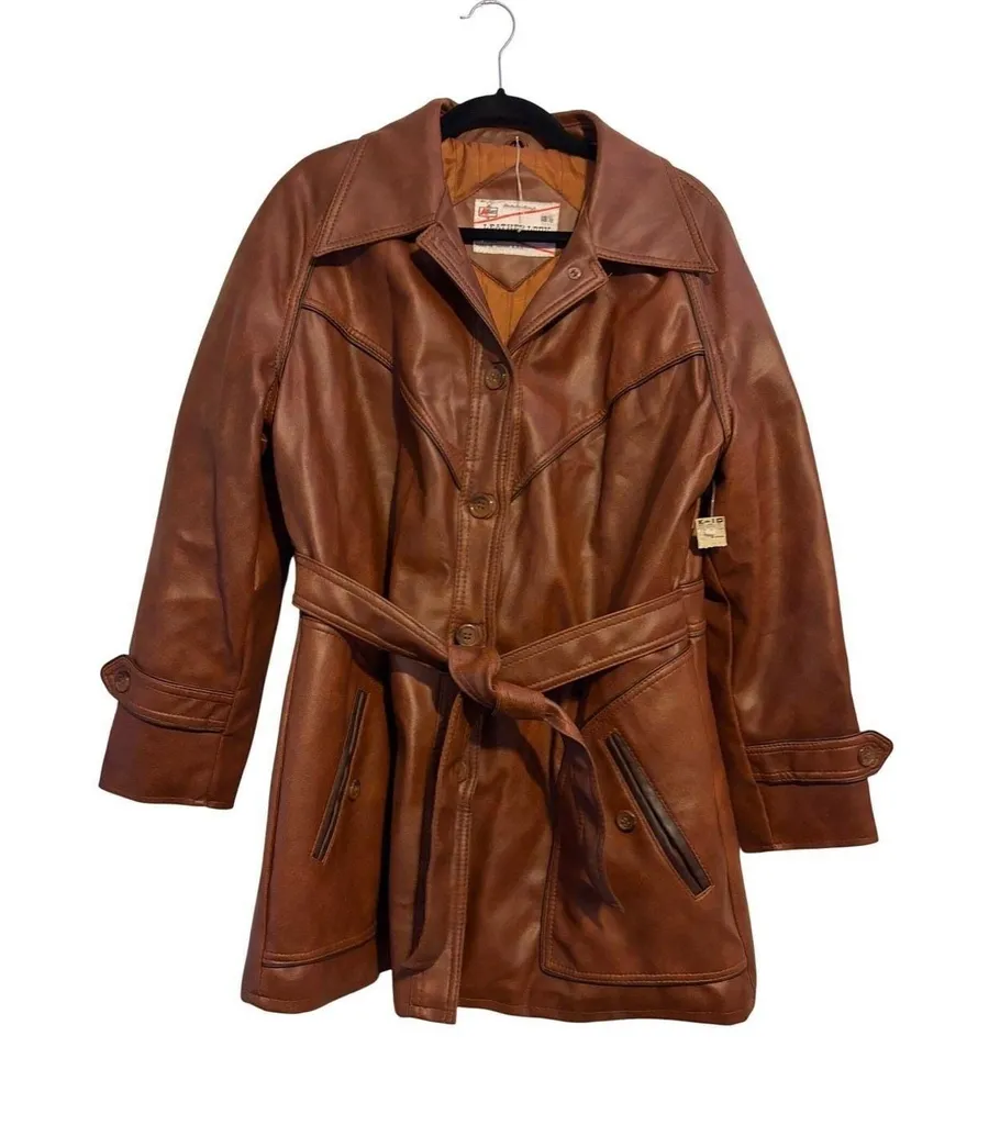 Vintage Kmart Leather Look Pantcoat Brown Faux Leather Belted Jacket 70s 18.5 Size XL