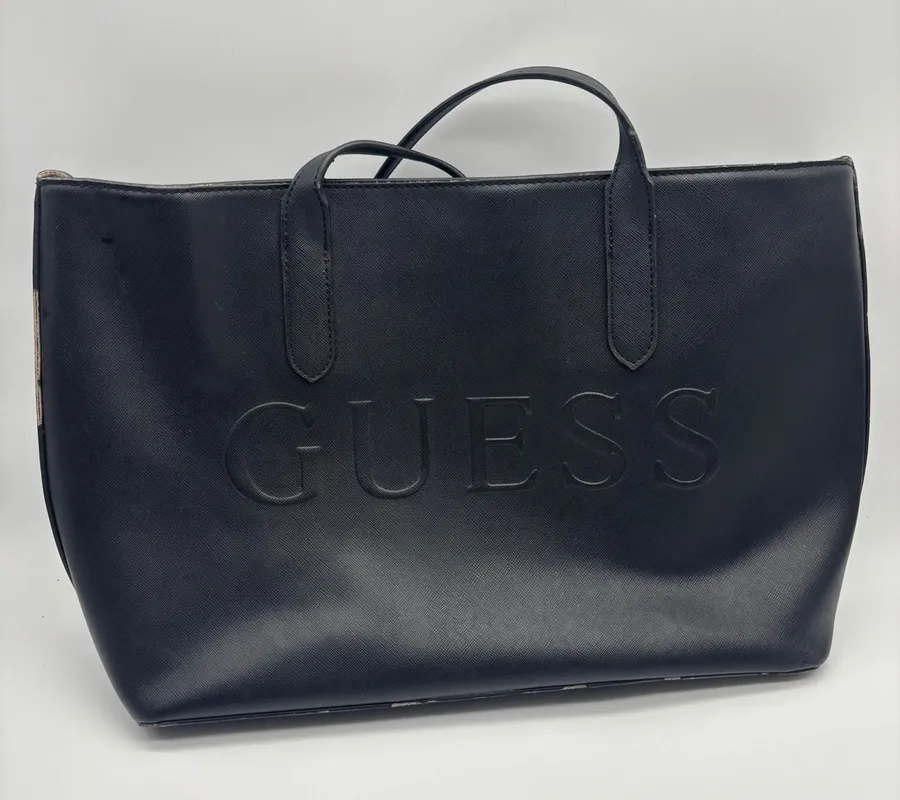 Guess Black Saffiano Faux Leather Embossed Logo Tote Bag Shoulder Purse