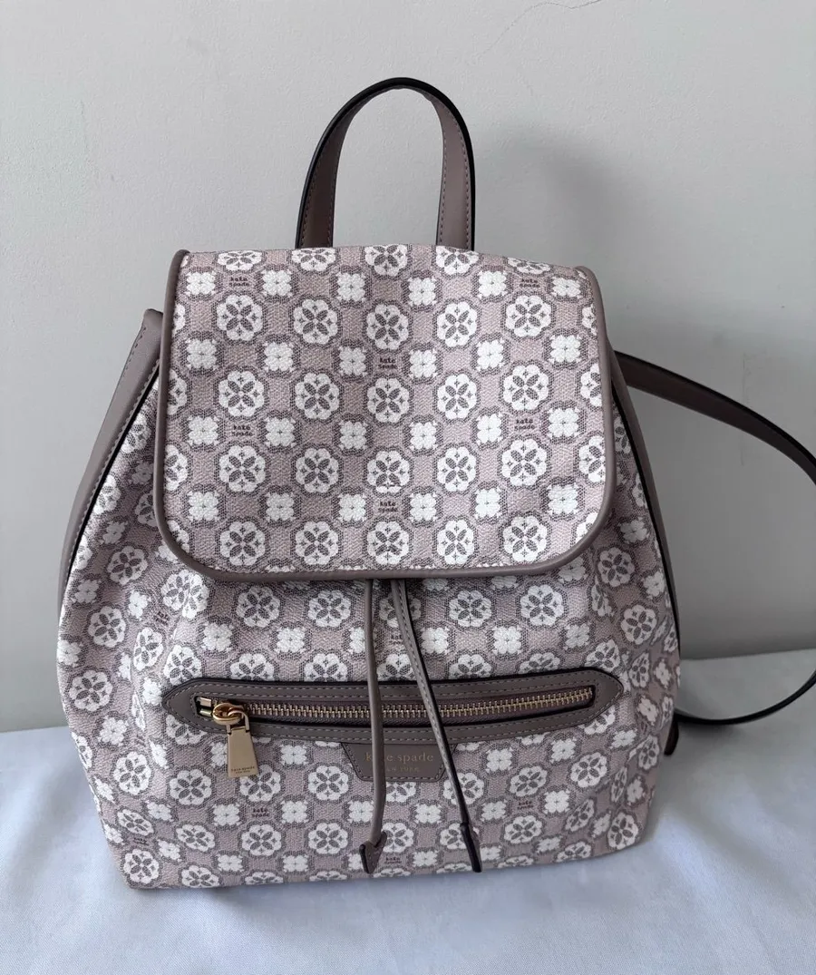 Kate Spade Spade Flower Jacquard Drawstring Flap Backpack Taupe NEW