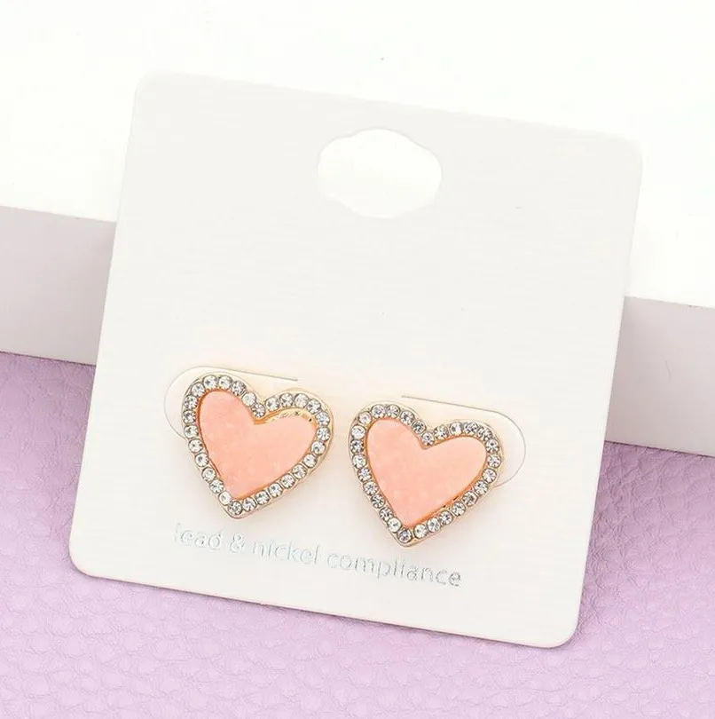 New Womens Boutique Rhinestone Trimmed Druzy Heart Stud Earrings Pink
