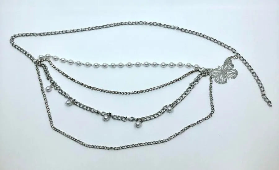 Women's Silver Butterfly Pearl Layered Chain Belt, 35 Inches, X7G9A1046