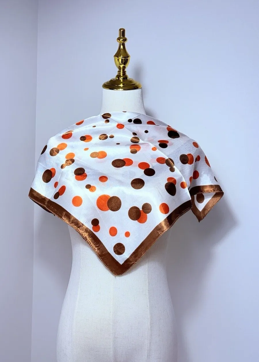 Women's Square Scarf White Satin Polyester Orange Brown Polka Dot Print Trim Tan