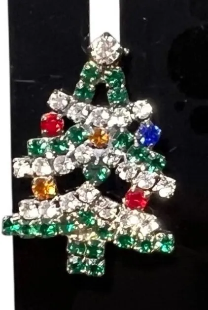 Vintage Rhinestone Christmas Tree Earrings Silver Tone Multi Color Studs Green