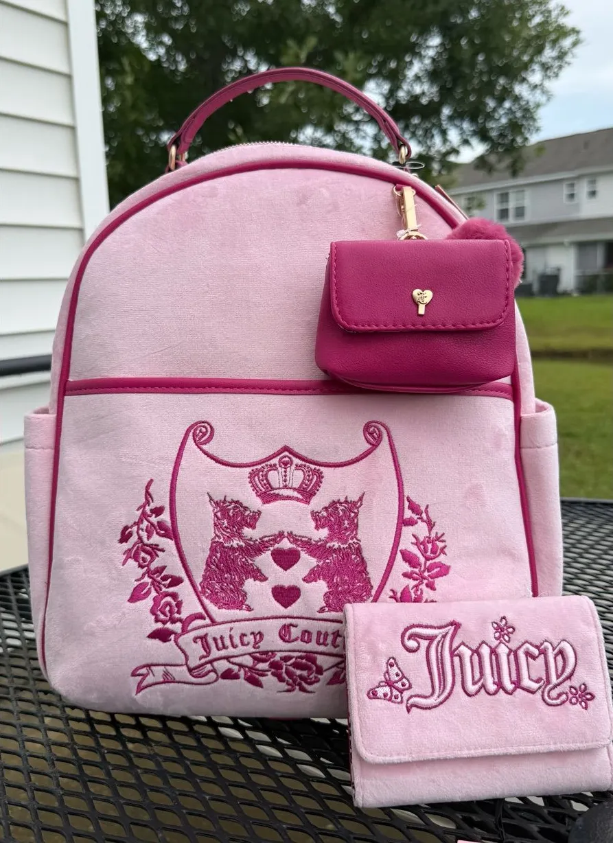 Juicy Couture Pink Velvet Backpack with Fuchsia Accents and wallet set