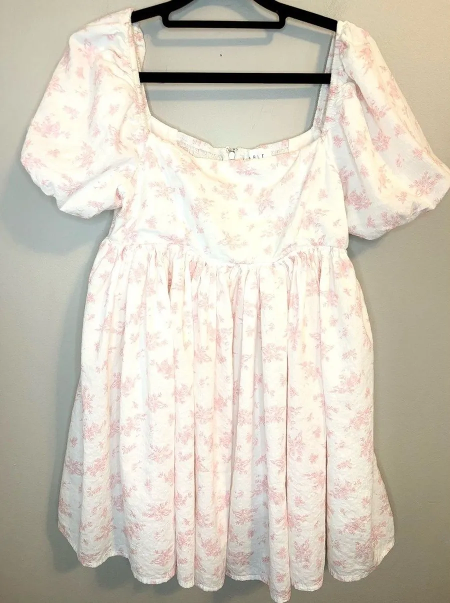 ABLE Pink Floral Babydoll Mini Dress Puff Sleeve Cottagecore Large White