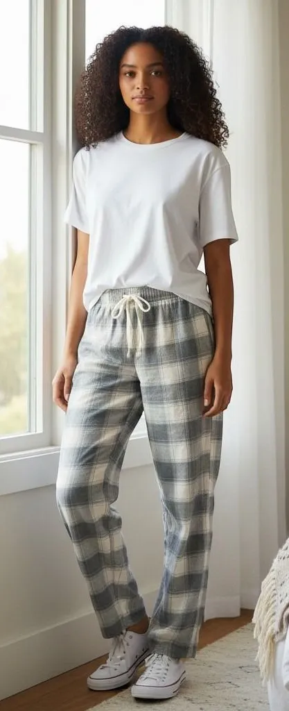 American Eagle AE Lounge Plaid Pajama Pants Grey Cream XS 26-28 Flannel Sleep