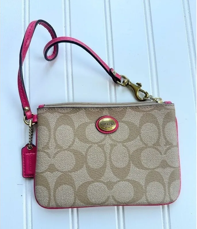 Coach Peyton Signature Brown Pink Wristlet Wallet Gold Logo Zip Closure