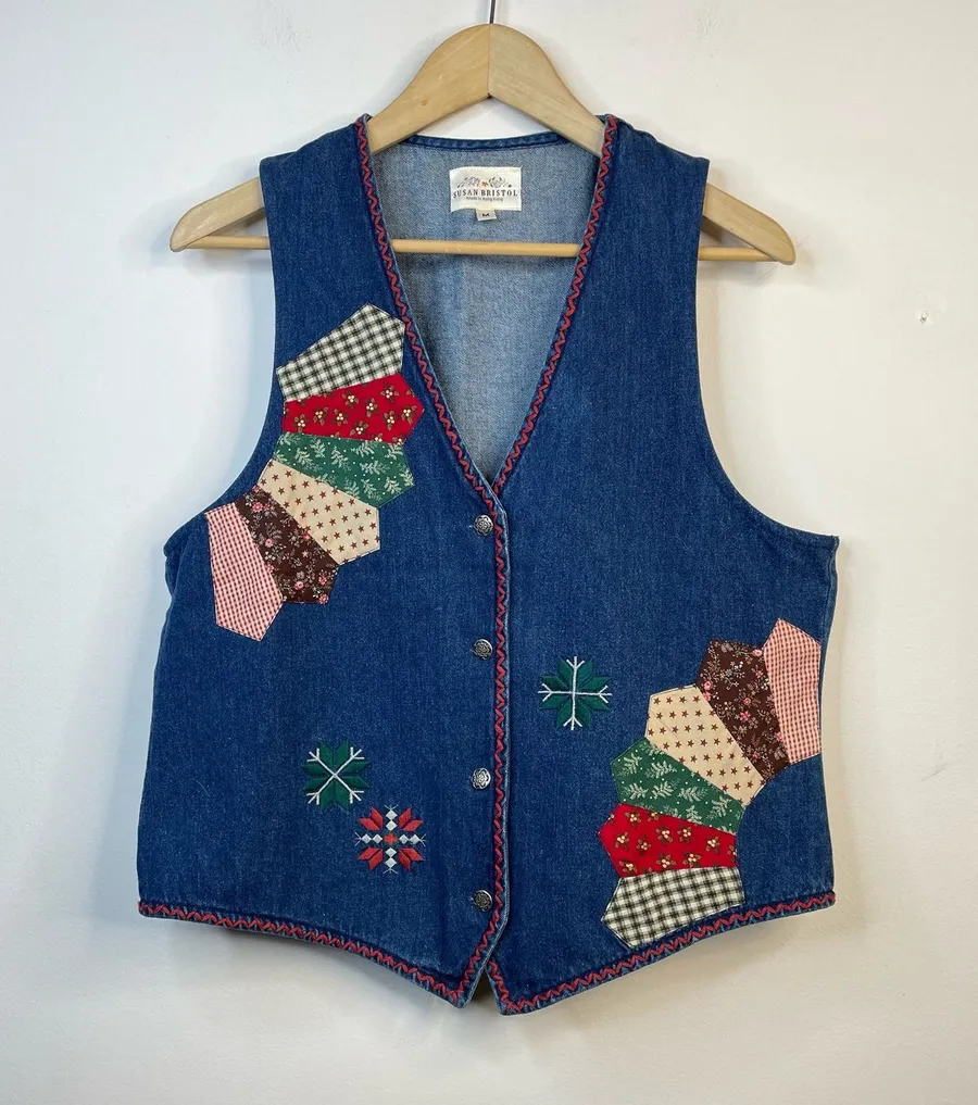 Vintage Patchwork Embroidered Denim Boho Western Country Vest M