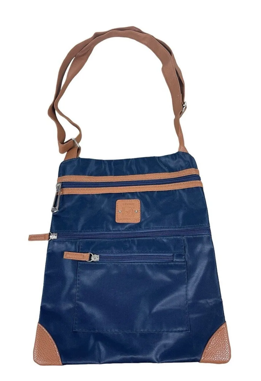 Stone Mountain Blue Nylon Tan Handles Crossbody Shoulder Bag Purse