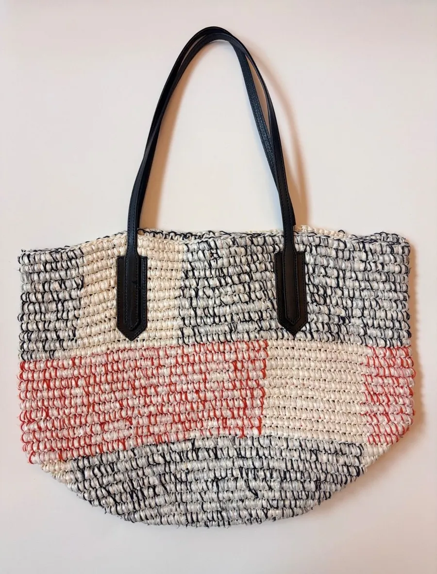 J.Crew Woven Straw Raffia Tote Bag Navy Coral Striped Tassel Beach Shopper