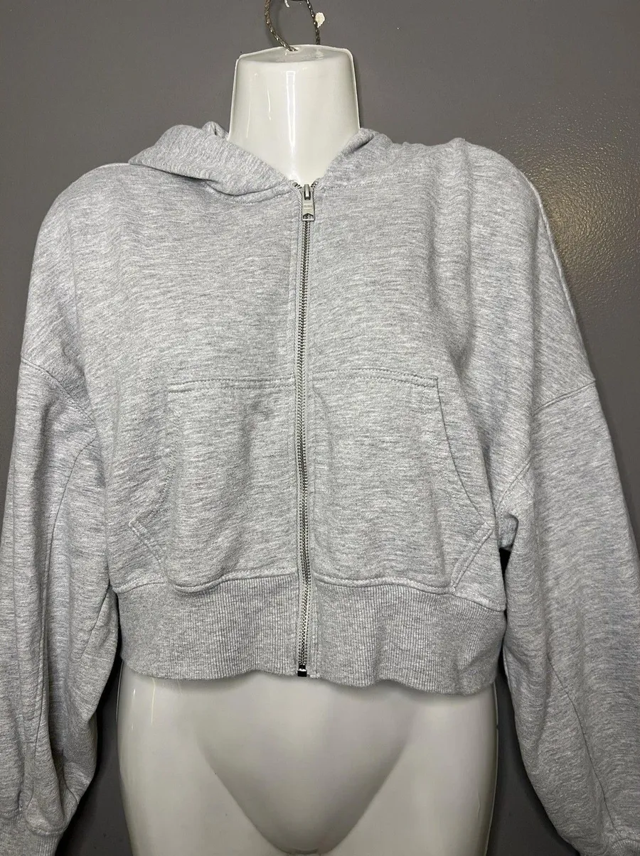 Garage Hoodie Sweatshirt Womens Medium Gray Full Zip Cropped Soft Fleece