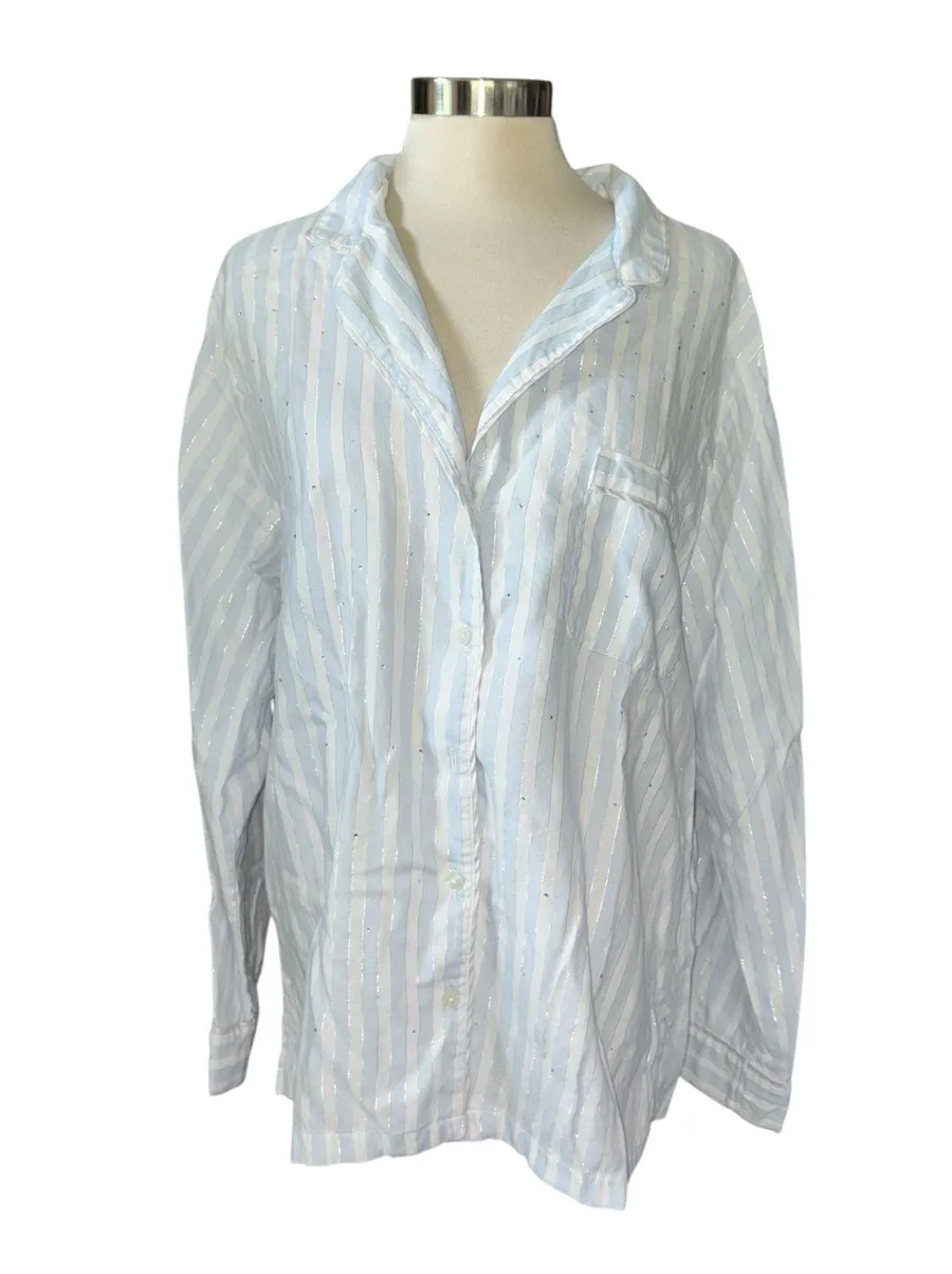 Victoria’s Secret sleep shirt button down striped long sleeves rhinestones Sz LG