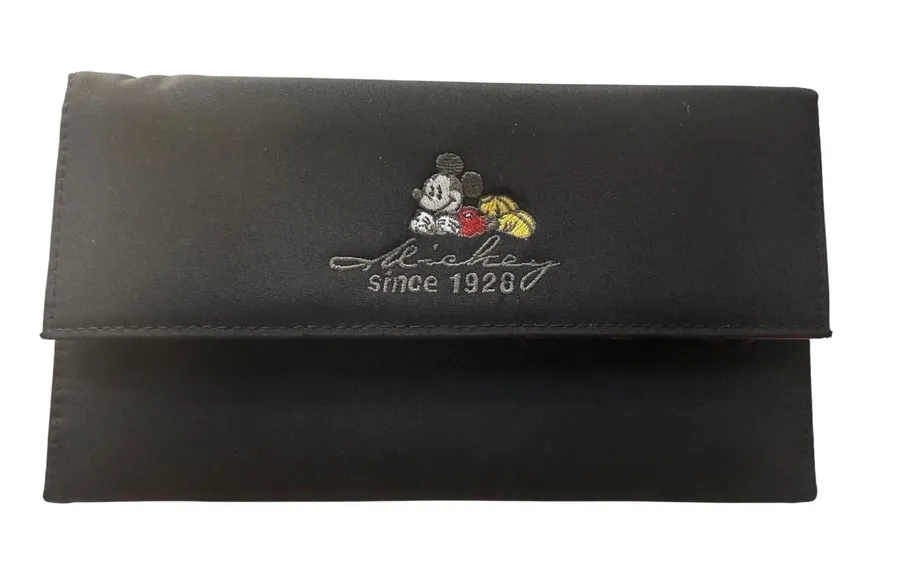 Disney Mickey Mouse Since 1928 Black Wallet Red Interior Snap Closure FLAW