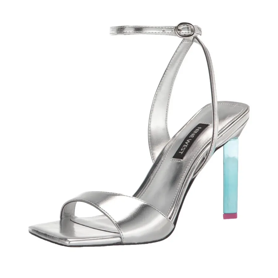 Nine West Silver Metallic Ankle Strap Heels 9.5 | Blue Block Heel Pink Party