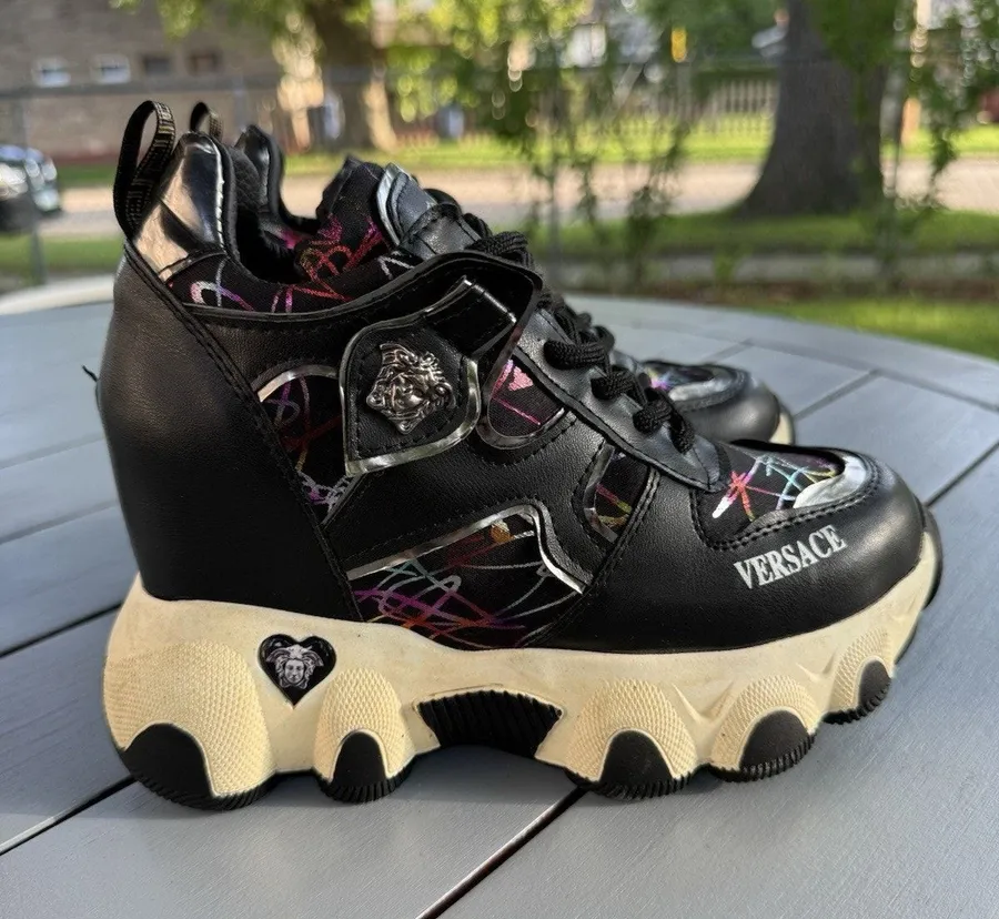 Y2k Black Platform Wedge Sneakers Women’s Chunky Heel High Top Size 7/38