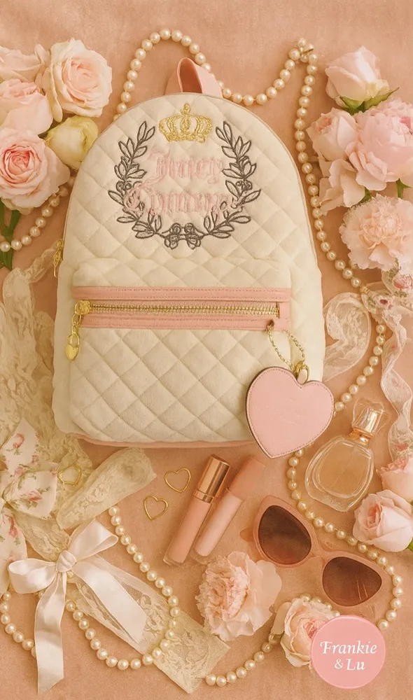 Juicy Couture Royal Moment Quilted Velour Medium Backpack w Pink Heart Charm NWT