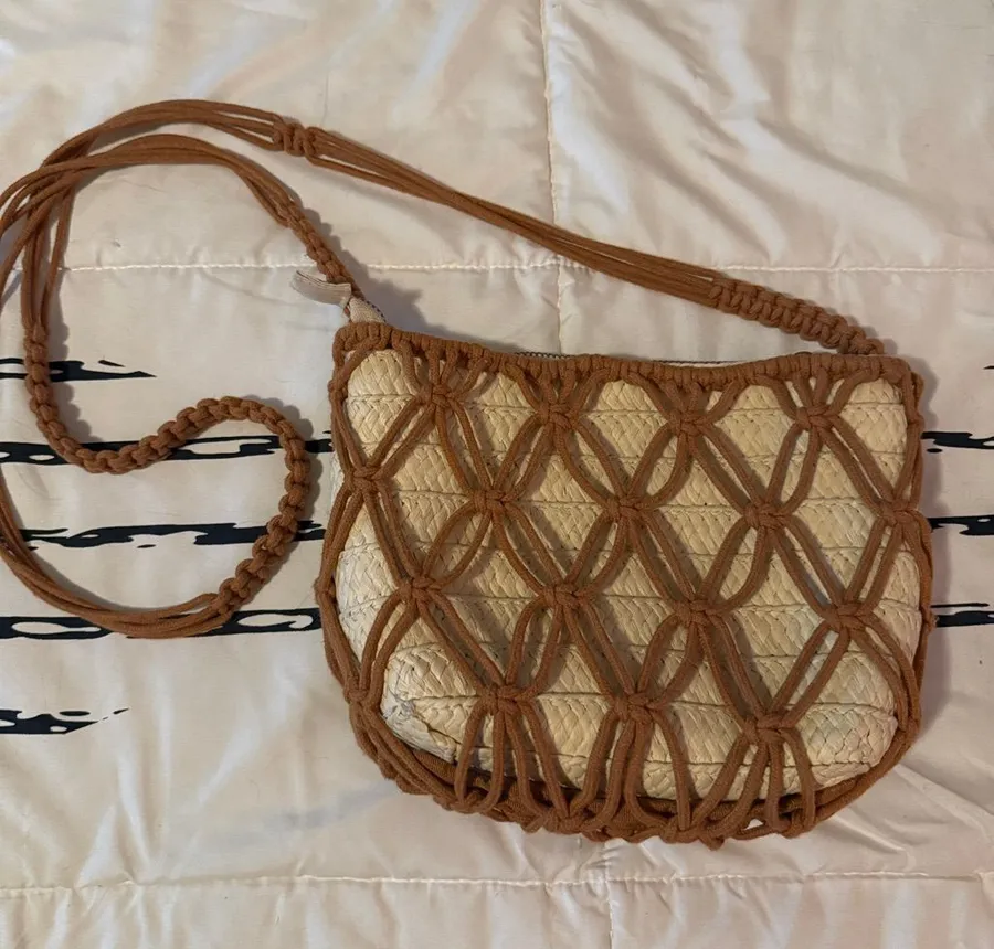 Universal Thread Woven Straw Crossbody Bag with Brown Macramé Overlay