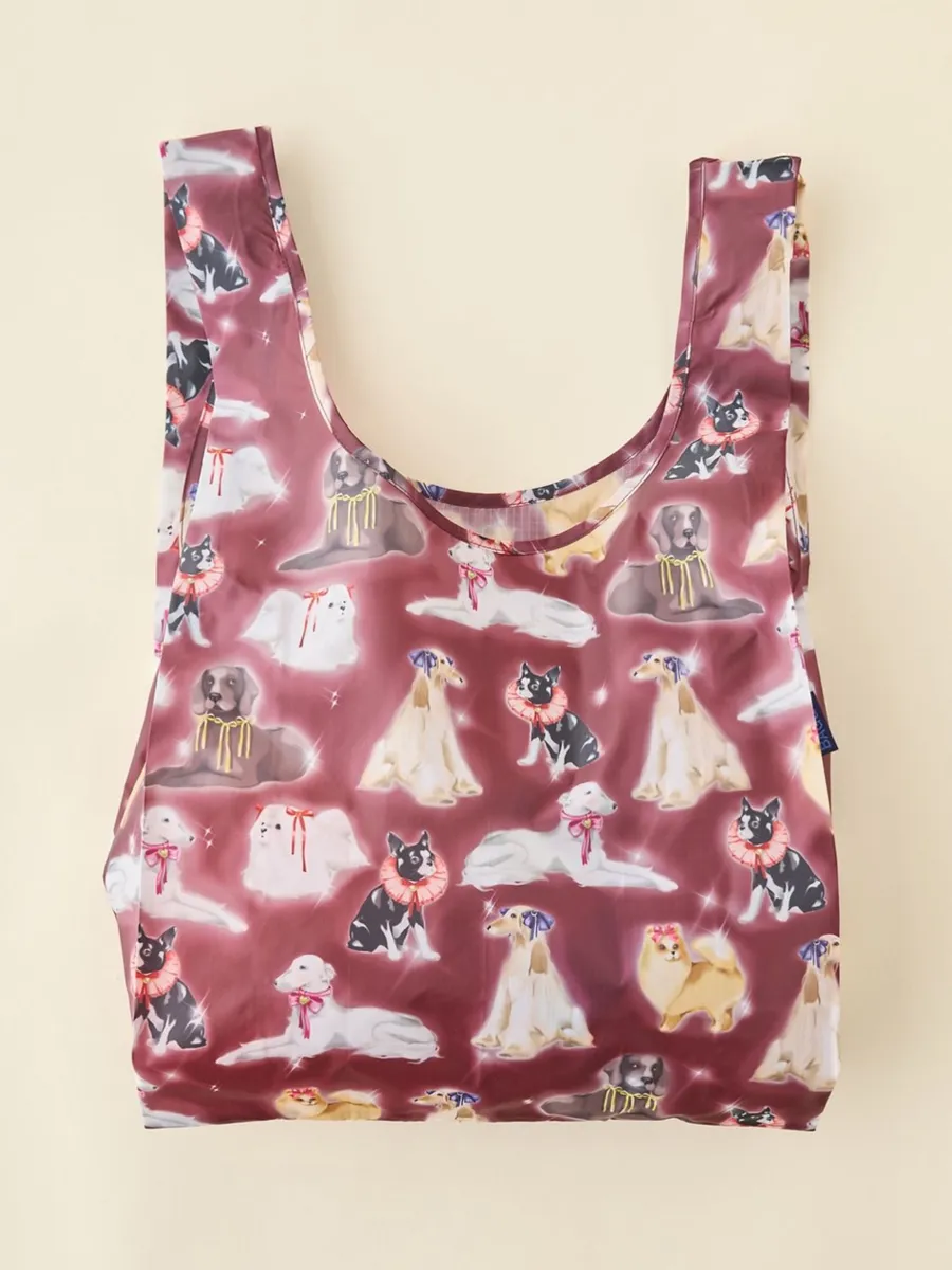 BAGGU Standard Reusable Tote Fancy Dogs Print Burgundy and Puppies NWT!