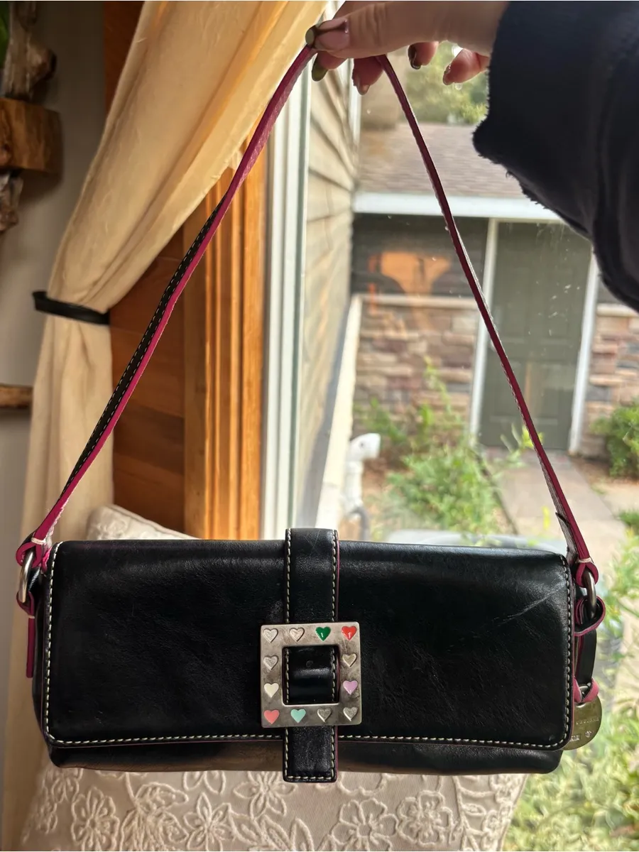 Dooney & Bourke Black Leather Shoulderbag with Silver Heart Enamel Buckle