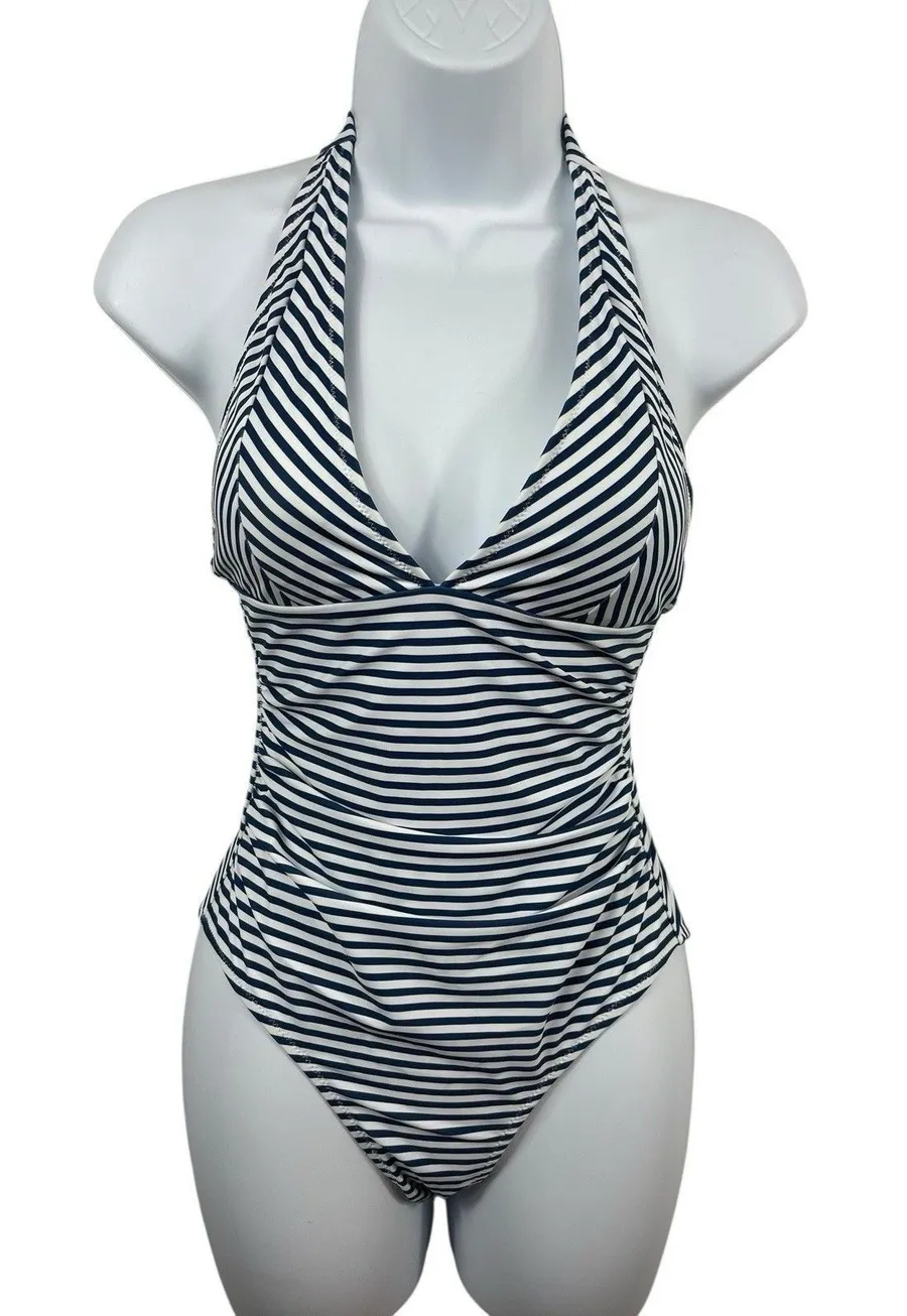 Cupshe Navy White Striped Halter One Piece Swimsuit XS Nautical Beach Swim NWT