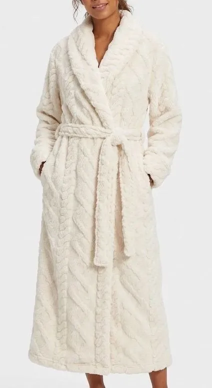 Roudelain Wrap Bathrobe Womens S White Fleece Cable Knit Shawl Collar Belt Waist