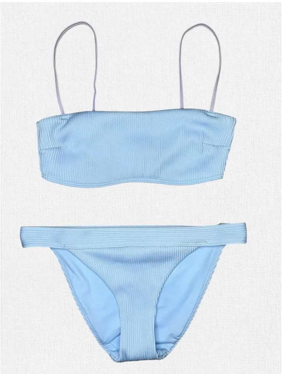 Abercrombie Fitch Ribbed Bikini Set S/M Blue Bralette Top Cheeky Bottom Swimsuit