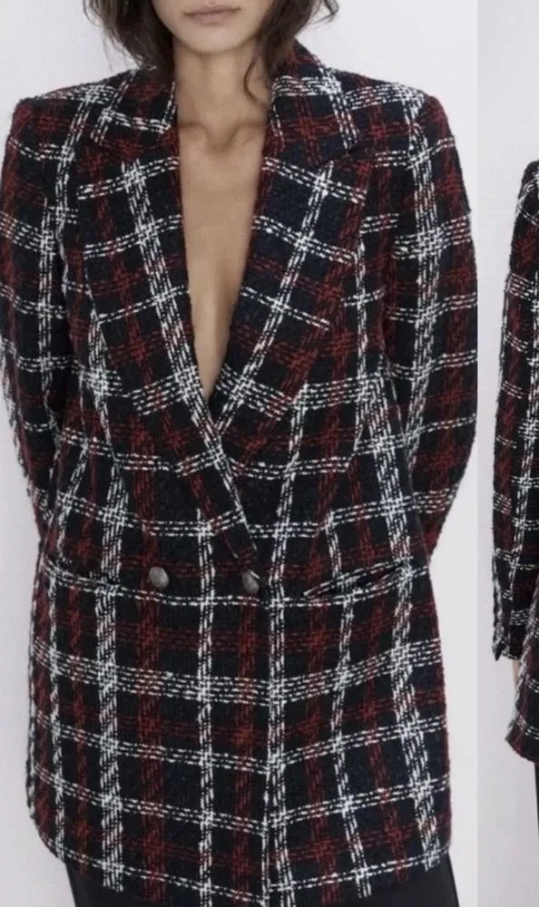 Zara Tweed Double Breasted Blazer Oversized Plaid Red Black Suit Jacket Size XS