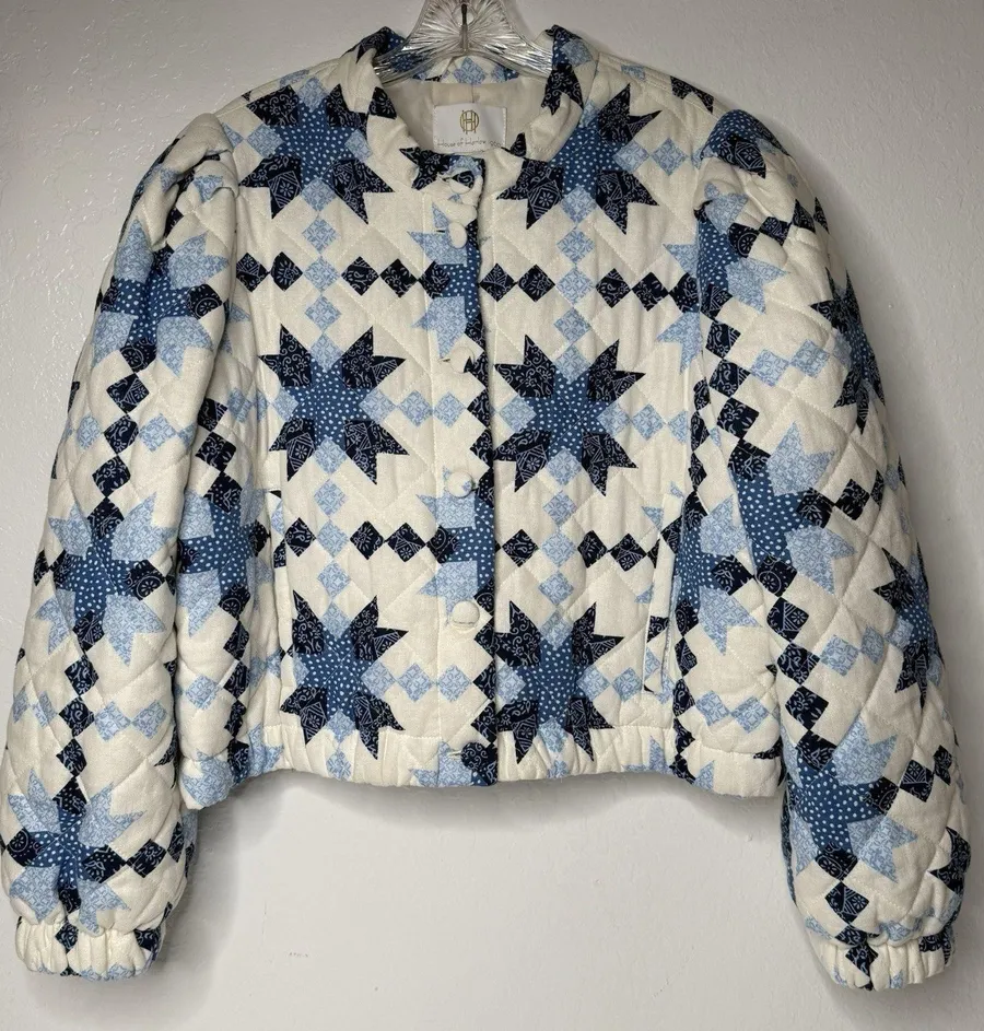 House Of Harlow 1960 Quilted Puffer Jacket Women L Cream Blue Retro Cottage New
