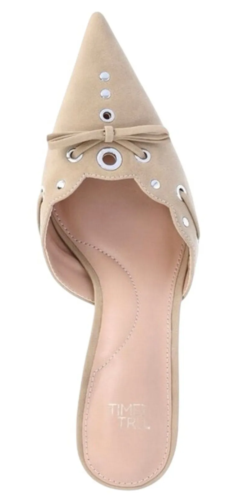 Premium faux suede pointed toe bow scalloped edge Studded Kitten Heel Mules sz 9